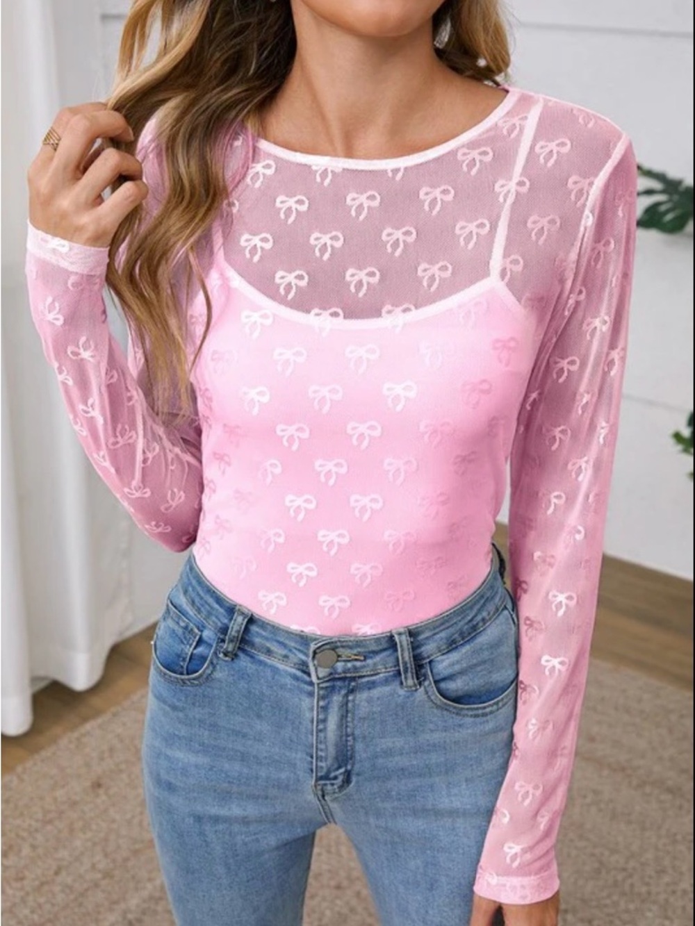 Sheer Pink Bow-Print Long Sleeve Mesh